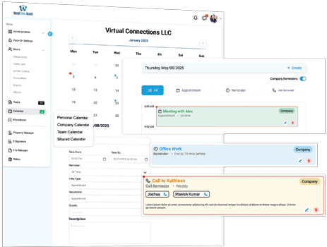 View showing complete custom administrative calendar permissions and scheduling management panel in World Wide Assist