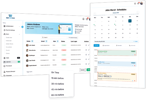 Smart calendar scheduling dashboard view displaying centralized personal and team workflow synchronization options in World Wide Assist