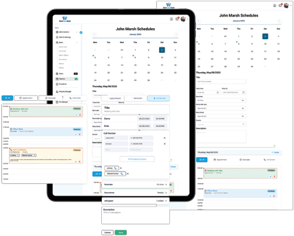 Built-in smart calendar scheduling reminders and workflow notifications tracking layout in World Wide Assist