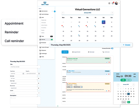 Shared team scheduling calendar view synchronization and event management panels in World Wide Assist
