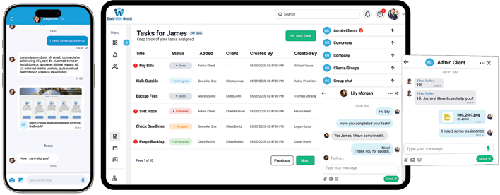 Secure real-time team collaboration and client chat communication dashboard interface layout in World Wide Assist