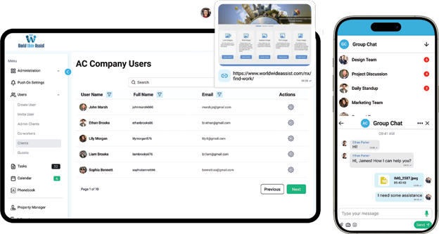 Interactive real-time collaborative workspace group chat channels interface view in World Wide Assist
