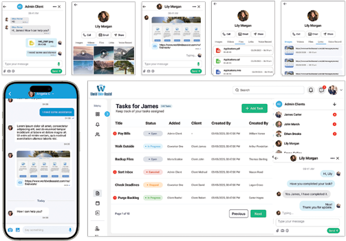 Desktop and mobile responsive user interface view of dynamic real-time team collaboration group channels in World Wide Assist