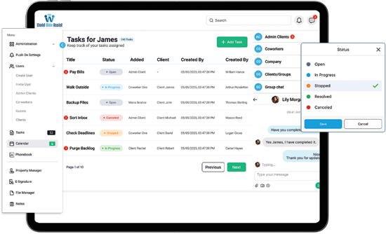 Real-time multi-tab multitasking collaborative workspace dashboard view in World Wide Assist
