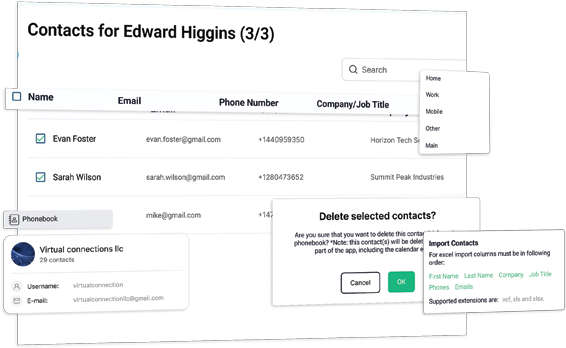 Structured contact directory panels categorized into customized folders inside World Wide Assist corporate phonebook