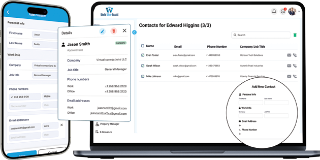 Detailed contact profile view showing administration fields and custom directory editing options in World Wide Assist corporate phonebook