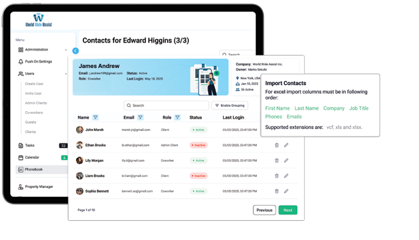 Centralized corporate phonebook contact directory dashboard view in World Wide Assist