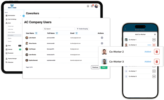 Admin dashboard layout showing customized role-based permissions setup for team members and co-workers in World Wide Assist