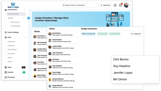Teammate assignment dashboard window showcasing project permission sharing controls in World Wide Assist