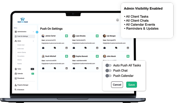 Administrative oversight control page displaying total active user notifications mapping rules in World Wide Assist