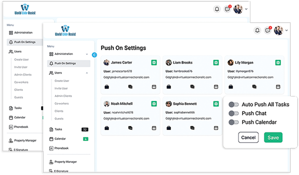Real-time administrative push notifications configuration dashboard interface in World Wide Assist