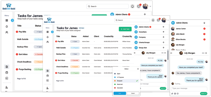 Real-time notifications and progress tracking updates dashboard interface in World Wide Assist