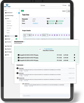 File upload interface and built-in project collaboration comments dashboard in World Wide Assist